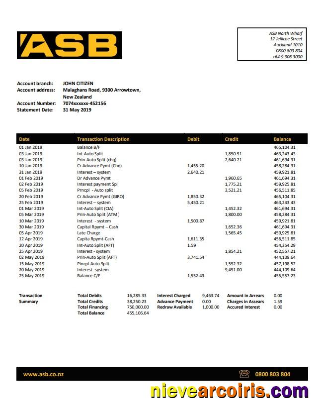 New Zealand ASB bank statement
